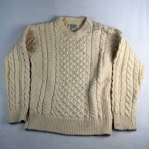 LL Bean Mens Cream 100% Wool Cable Knit Aran Fisherman Sweater Ireland S 245061